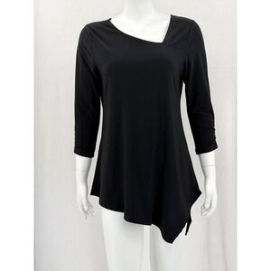 Alisha D Top Womens Small Black Asymmetrical Tunic Stretch Lagenlook Slinky Knit